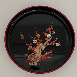 VINTAGE Lacquer Ware Round Serving Tray Cherry Blossom Pattern Made Japan Retro